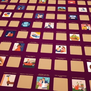 Puede incluir: Un p&oacute;ster morado para rascar con varias ideas de actividades. Cada actividad est&aacute; representada por una peque&ntilde;a ilustraci&oacute;n y un t&iacute;tulo, como "Ir a un viaje por carretera de fin de semana" y "Visitar un parque de atracciones". El p&oacute;ster est&aacute; dise&ntilde;ado para rascar y revelar las actividades completadas.