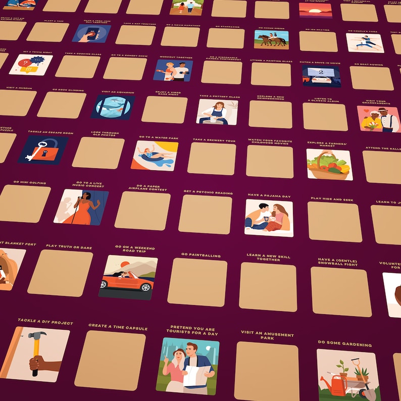 Puede incluir: Un p&oacute;ster morado para rascar con varias ideas de actividades. Cada actividad est&aacute; representada por una peque&ntilde;a ilustraci&oacute;n y un t&iacute;tulo, como "Ir a un viaje por carretera de fin de semana" y "Visitar un parque de atracciones". El p&oacute;ster est&aacute; dise&ntilde;ado para rascar y revelar las actividades completadas.