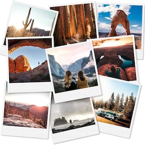 Pode incluir: Uma cole&ccedil;&atilde;o de fotografias em estilo polaroid mostrando v&aacute;rias paisagens. As imagens incluem cactos do deserto, sequoias imponentes, um arco de rocha natural, vistas das montanhas e cenas costeiras. As fotos evocam uma sensa&ccedil;&atilde;o de viagem e aventura.