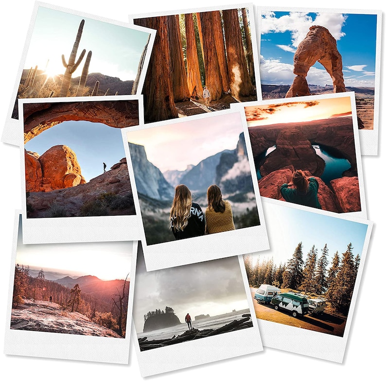 Pode incluir: Uma cole&ccedil;&atilde;o de fotografias em estilo polaroid mostrando v&aacute;rias paisagens. As imagens incluem cactos do deserto, sequoias imponentes, um arco de rocha natural, vistas das montanhas e cenas costeiras. As fotos evocam uma sensa&ccedil;&atilde;o de viagem e aventura.