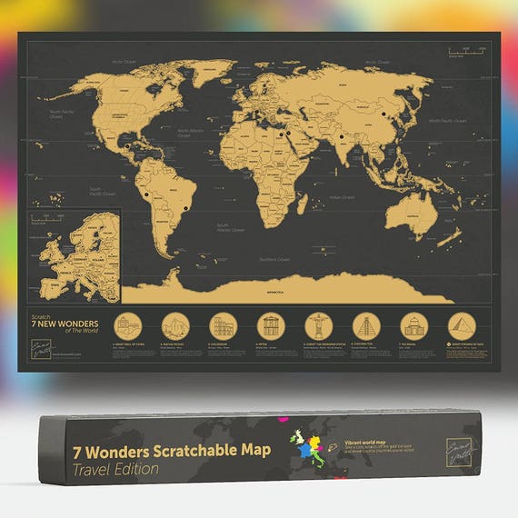7 Wonders Scratchable World Map Travel Edition Personalised Travel Tracker Poster Remember And Share Your Adventures Black A3 Size