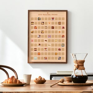 Op de afbeelding: Een ingelijste print met de titel "100 Bakideeën" met een lichtbruine achtergrond en een raster van geïllustreerde bakrecepten. De lijst is donkerbruin. Op een tafel op de voorgrond liggen een croissant, noten en een koffiezetapparaat.