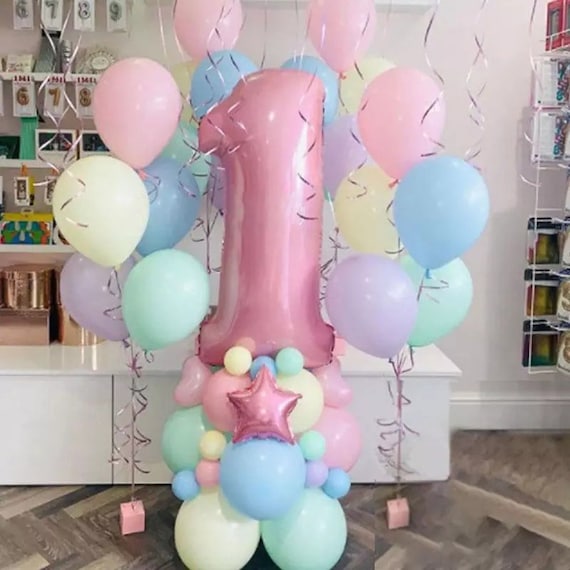 Globo de florete rosa número 1, globo de fiesta de cumpleaños número 1,  fiesta de cumpleaños de niñas, globo número uno de fiesta rosa