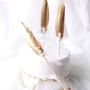 2er Set goldene Feder Cake Topper | Gold Feder Cupcake Topper | Feder und Perle Kuchen Hochzeitstorte Topper | Gold & weißes Dekor