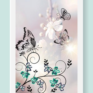 Black and White Butterflies With Teal Flowers Digital Wall Art for Girls Room