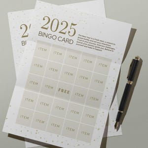 2025 New Year Bingo Card | Editable Canva Template | Neutral Gold Design with Stars for Goal Tracking