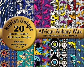 May include: 20 digital images of African Ankara Wax fabric prints. The designs feature colorful geometric patterns, floral motifs, and abstract shapes. Each image is 3600 x 3600 pixels, 12 inches by 12 inches.