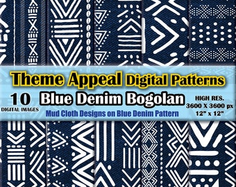 10 Bogolan en denim bleu - Haute résolution. Pack d’images téléchargeables numériques Jpeg