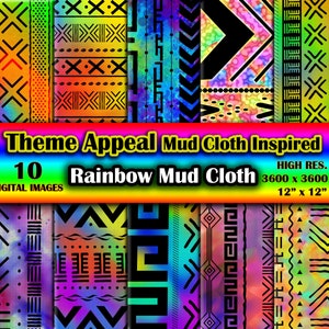 10 African Mud Cloth Inspired Rainbow Colorful Bogolan Digital Patterns - High Res. Jpeg Digital Paper Pack