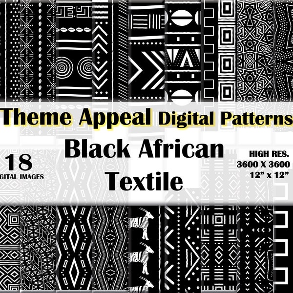 18 motifs numériques textiles noirs africains - haute résolution. Paquet de papier numérique - Tissu de boue / Ankara