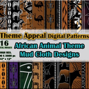 Disegni in tessuto di fango con tema animale africano Bogolan - Pacchetto di immagini digitali ad alta risoluzione di safari africano
