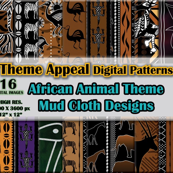 African Bogolan Animal Theme Mud Cloth Designs - African Safari  High Res. Digital Paper Image Pack