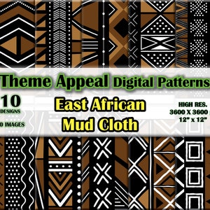 May include: A digital download of 10 East African Mud Cloth patterns. The patterns are in black, white, and brown and feature geometric designs. The patterns are high resolution, 3600 x 3600 pixels, and are 12 inches by 12 inches.
