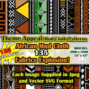 135 Images African Mega Mud Cloth Fabric Design Bundle - Bogolan Fabric Digital Patterns - High Res. SVG Vector and Jpeg Digital Paper Pack