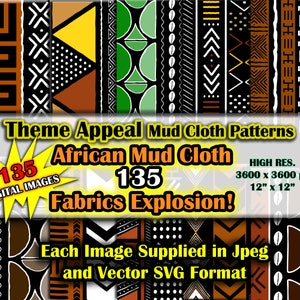 135 Images African Mega Mud Cloth Fabric Design Bundle - Bogolan Fabric Digital Patterns - High Res. SVG Vector and Jpeg Digital Paper Pack