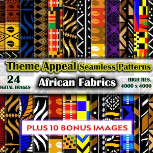 24 motifs numériques sans couture de tissus africains et 10 nouvelles images bonus - haute résolution. Paquet de papier numérique