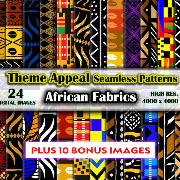 24 motifs numériques sans couture de tissus africains et 10 nouvelles images bonus - haute résolution. Paquet de papier numérique