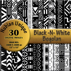 Raccolta di 30 immagini digitali in tessuto di fango tribale africano Bogolan in bianco e nero. Download digitale istantaneo