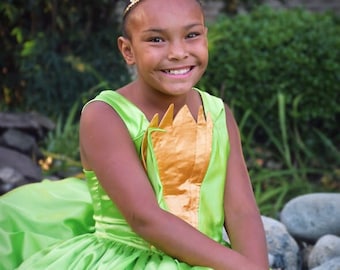 Frog Princess Costume: Green & Gold Satin Ball Gown