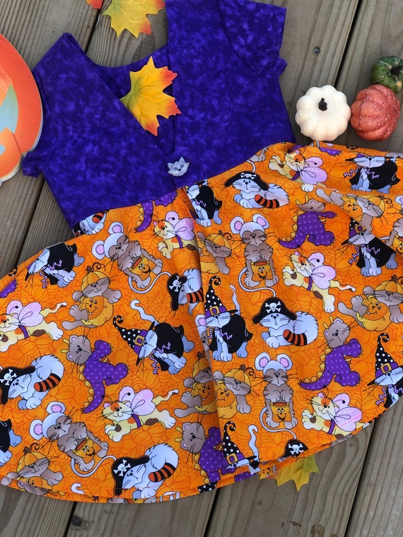 Halloween Kittens Circle Skirt Dress, Appliqué Kitten on Bodice, Halloween Party Dress, Birthday Dress