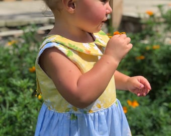 Summer Daisy Girls Dress: Yellow & Sky-Blue Party Dress