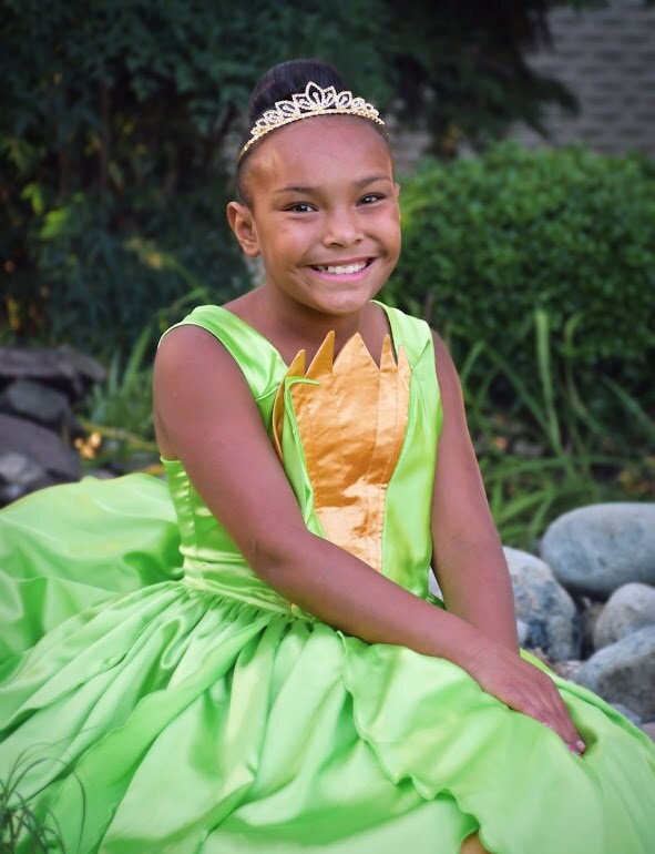 Birthday Dress Frog Princess Costume Green Gold Stretch Satin ball gown Frog Princess wedding gown Destination Vacation Costume