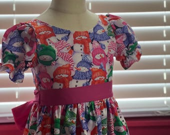 Handmade Snowman Christmas Dress: Pink Sash Holiday Party