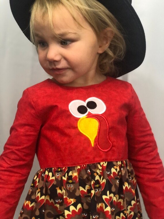 Thanksgiving Gobble Dress, Silly Turkey Appliqué, Fancy dinner wear, Fall Birthday Dress