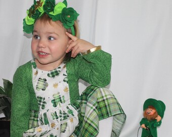 Leprechaun Girl's Dress: Shamrock Plaid with Gold Trim