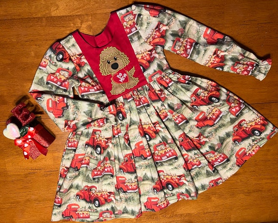 Puppy Love Party Valentines Dress, Pageant, red trucks, golden retriever, hearts, Be Mine