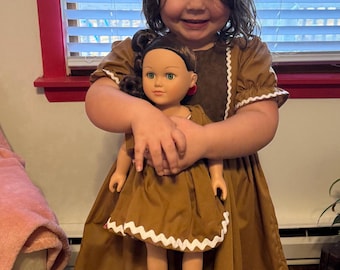 18" Doll and Girl Matching Gingerbread Dress, Christmas Dress, Santa Photo outfit,