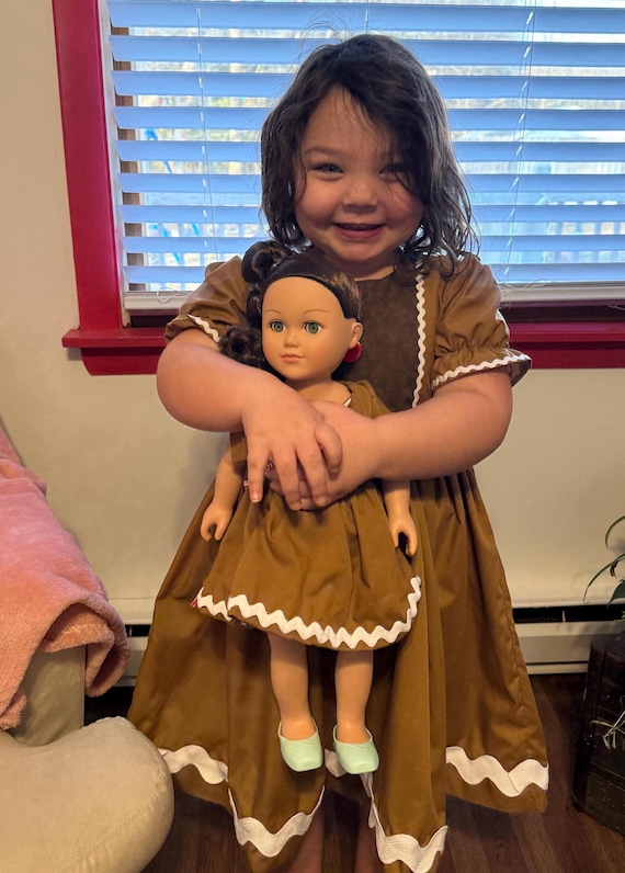 18" Doll and Girl Matching Gingerbread Dress, Christmas Dress, Santa Photo outfit,