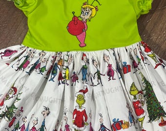 Christmas Cindy Lou Dress: Embroidered Grinch Face Cotton Party Dress