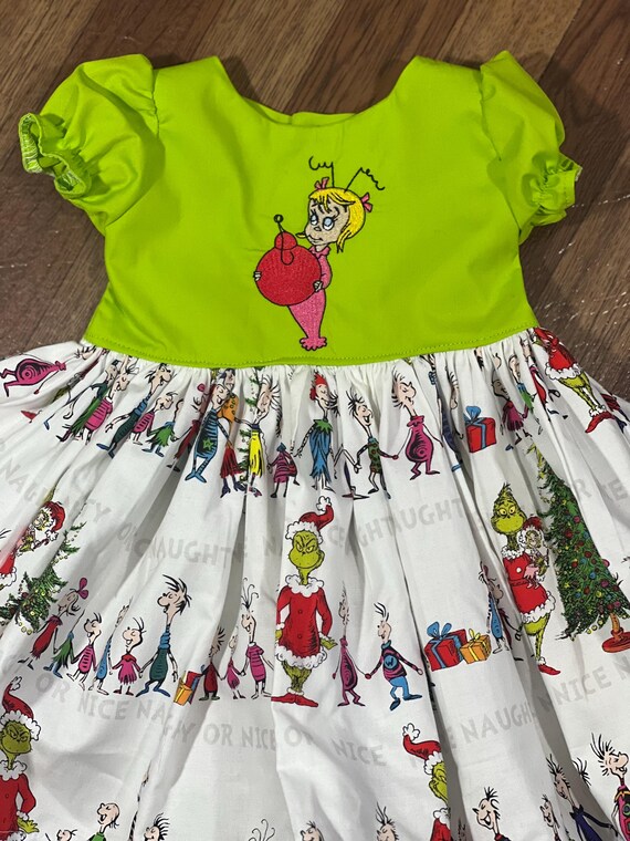 Christmas Cindy Lou dress, Santa Photo Dress, Pageant Dress, applique' Grinch face, Cindy Lou or Max Party Dress, Birthday