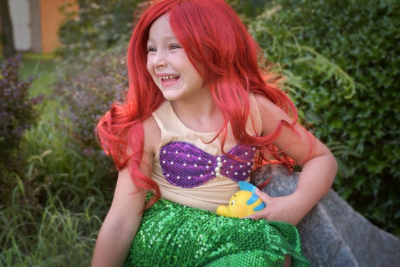 Princess Mermaid costume, sequin tail, "seashell bra", pearls, birthday party dress, dress up fun, Halloween, Destination family vacation