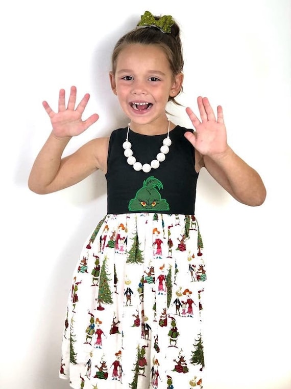 Christmas Grinch dress, Santa Photo Dress, Pageant Dress, applique' Grinch face, Party Dress, Birthday