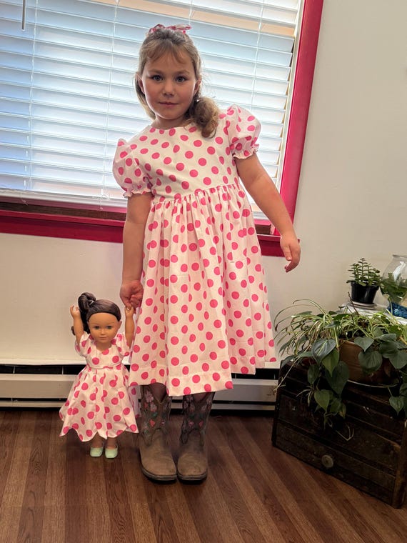 Easter Spring Dress with Matching 18" Doll Dress Magical Vacation Mouse Dress, Pink Polka Dots,
