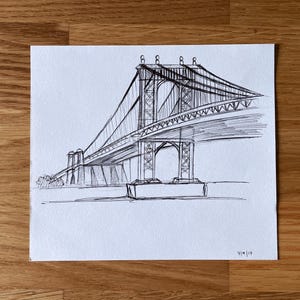 Original Manhattan Bridge Sketch – 6x6 NYC Drawing in Ink – Industrial Landmark Art on Watercolor