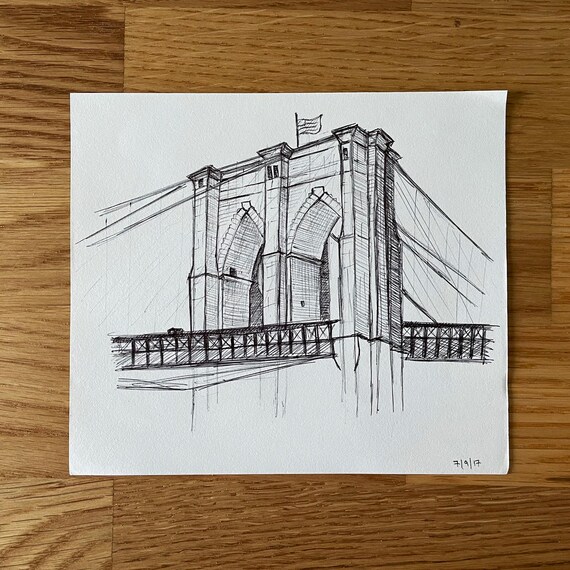 ブルックリン橋のオリジナルインク画 – 6x6 ミニマリスト NYC アート