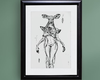 Art Print "Trinity Fawna" - Animal Artist, Surrealism, Semi-Matte, Deer, Forest, Fairycore, Fairy, Horror Drawing, Prints