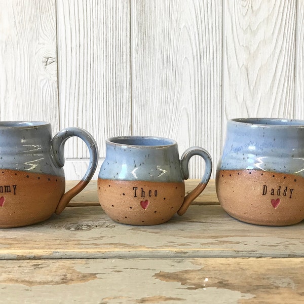 Handmade Family Name Mugs with Heart - Mommy and Me Mugs - Personalized Pottery - Custom Mugs - Pottery Handmade - Ceramic Mug