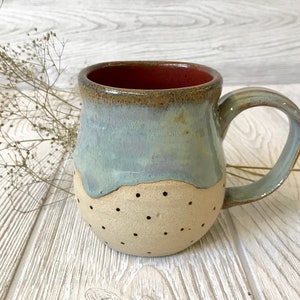 Handmade Ceramic Mug: Drippy Blue, Rust Red Interior, Dot Pattern