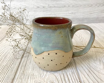Handmade Mugs - Drippy Blue and Red with Dots - Altered Mug - Pottery Handmade - Unique Ceramic Mugs - Pretty Homemade Mugs