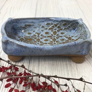 Handmade Soap Dish in Textured Blue Pottery Handmade Ceramic Bathroom Soap Dish Clay Soap Tray image 3