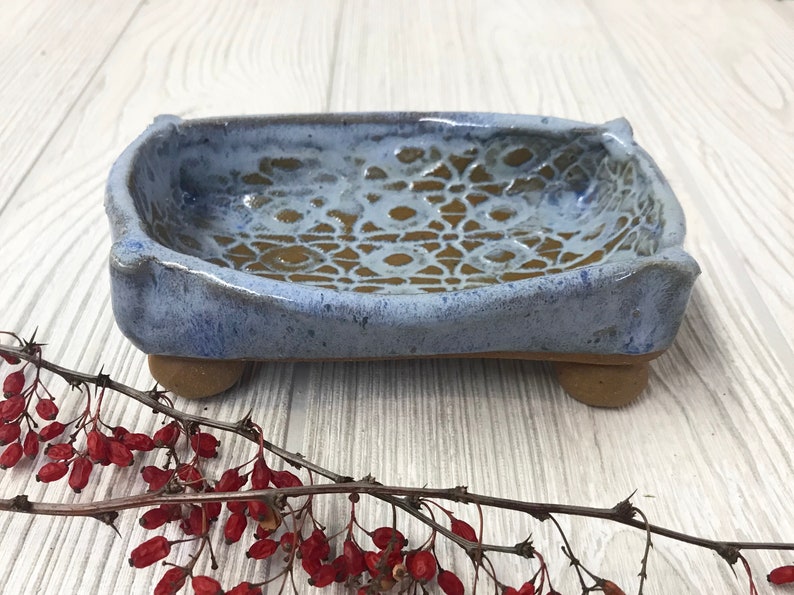 Handmade Soap Dish in Textured Blue Pottery Handmade Ceramic Bathroom Soap Dish Clay Soap Tray image 3