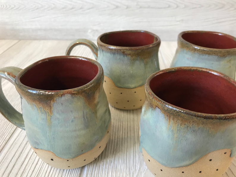 Handmade Mugs Drippy Blue and Red with Dots Altered Mug Pottery Handmade Unique Ceramic Mugs Pretty Homemade Mugs image 2