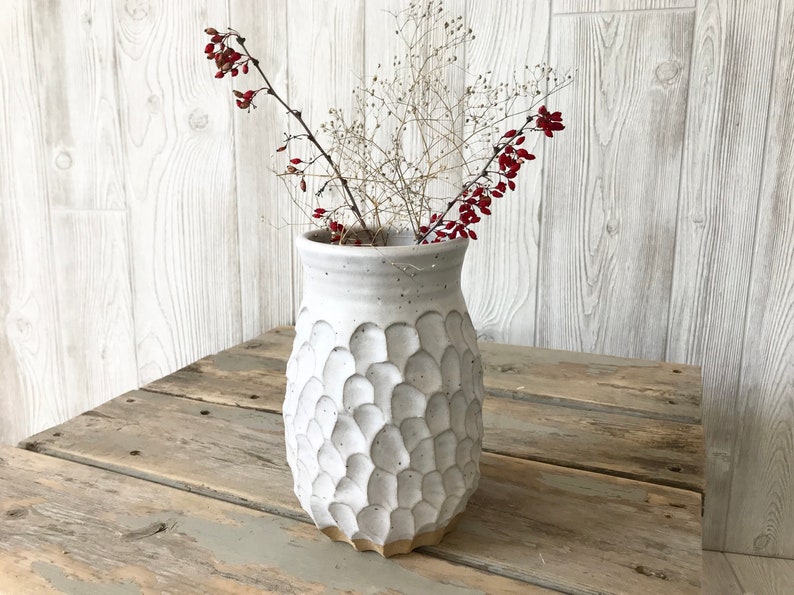 Pottery Vase Large Kitchen Utensil Holder White Textured Vase Earthy Boho Ceramic Vase Home Decor Ceramics Handmade Vase image 5