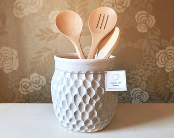 Kitchen Utensil Jar - White Utensil Holder - Handmade Pottery - Ceramic -  Textured Home Decor - Ceramics - Handmade Vase