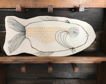 Fish Art - Large Ceramic Fish Platter - Pottery Handmade - LauraLynnPottery - Fish Plate - Handcrafted Fish - Ocean - Beach - Lake - Yellow