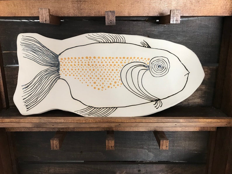 Fish Art Large Ceramic Fish Platter Pottery Handmade LauraLynnPottery Fish Plate Handcrafted Fish Ocean Beach Lake Yellow image 1